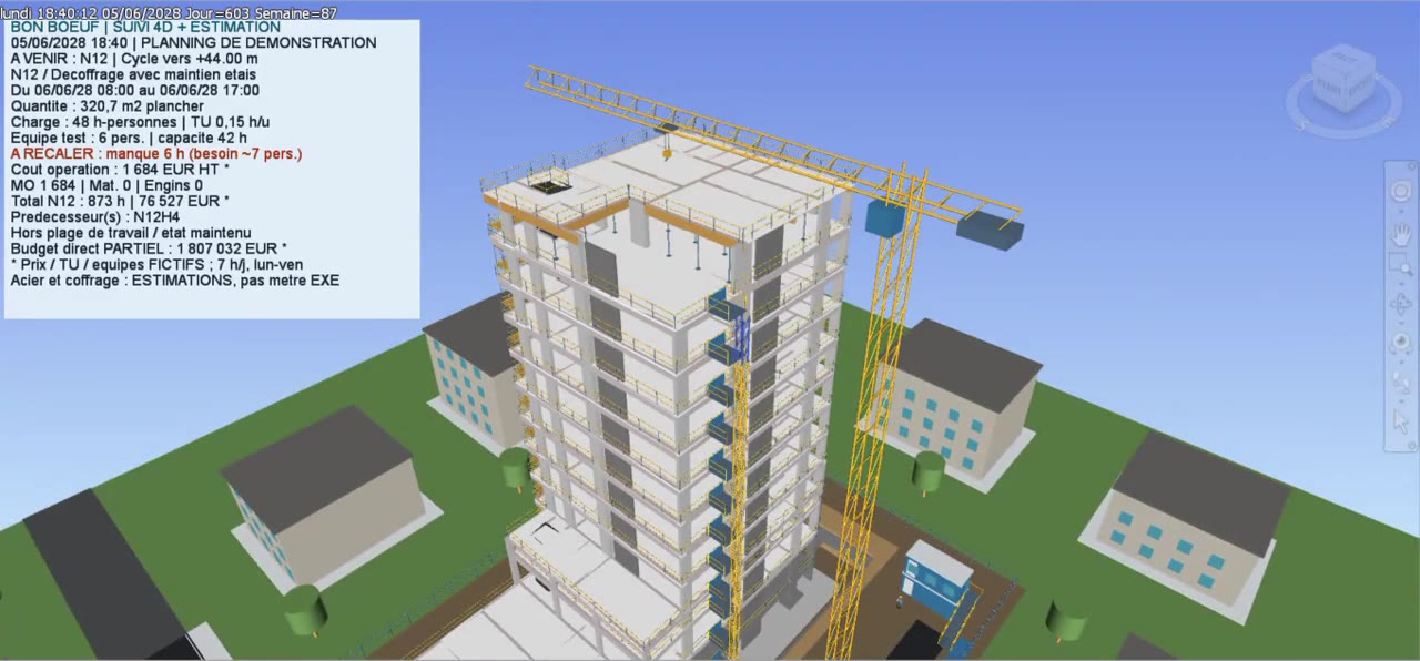 Simulation BIM 4D BON BŒUF : bâtiment en construction et grue dans Navisworks