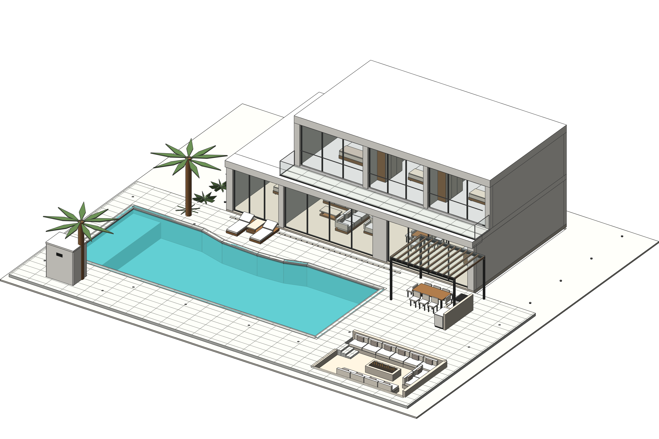 Vue de la maquette BIM d’une villa avec piscine, terrasse et pergola